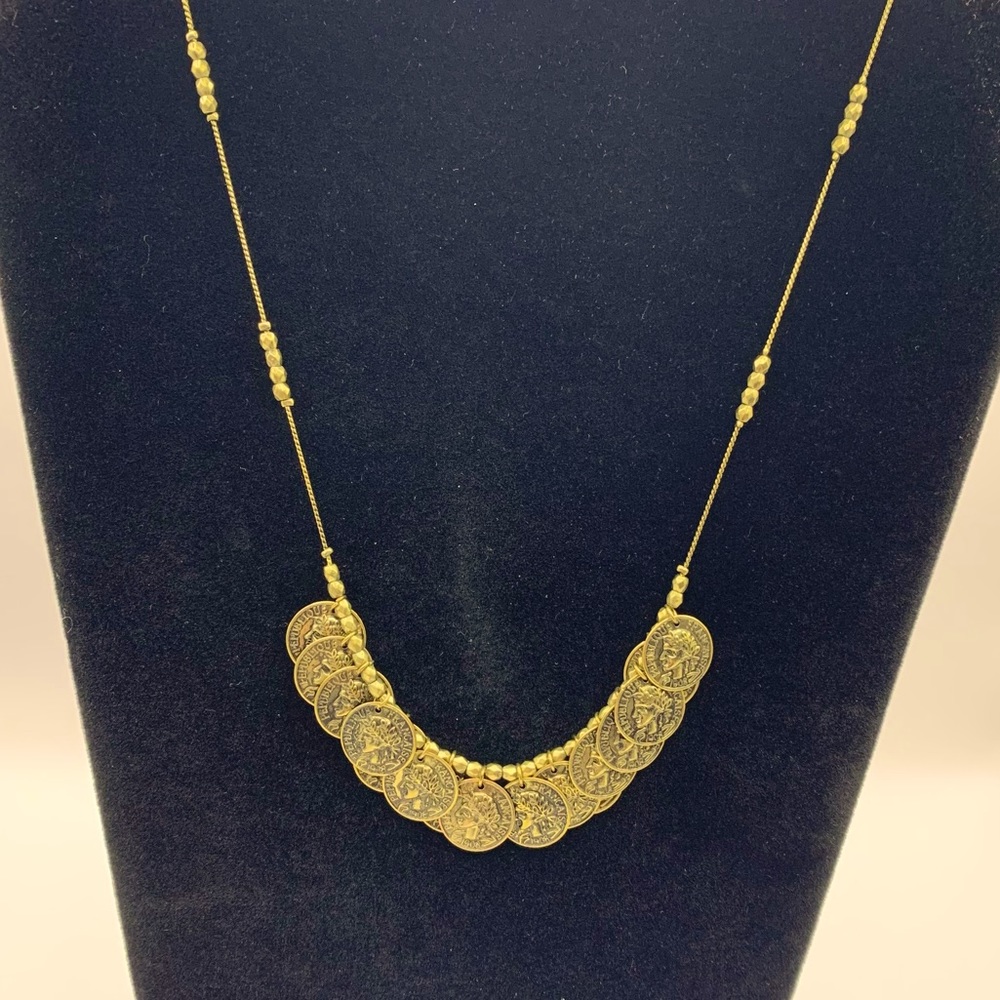 Faux Coin & Beaded Necklace. Goldtone twisted chain w/faceted beads & faux coins